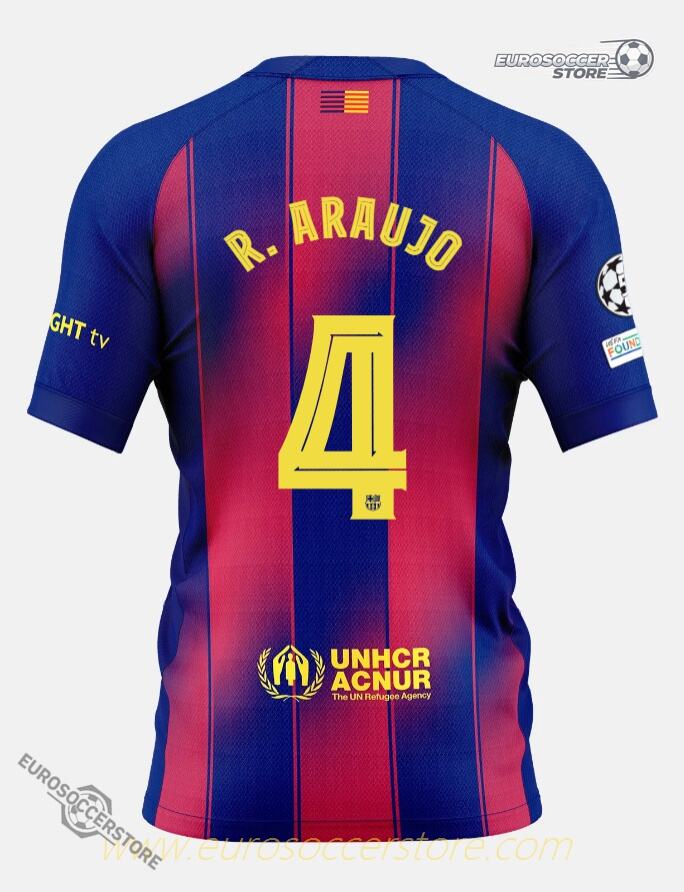 Barcelona's 25-26 Champions League Home Jersey featuring R. ARAUJO with the number 4