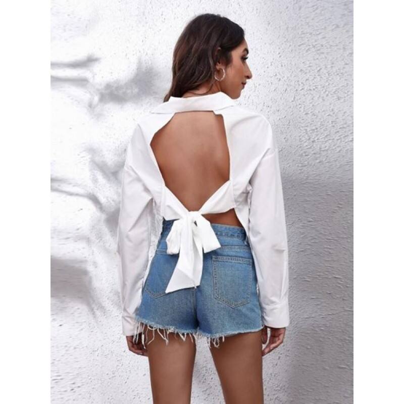 Drop Shoulder Open Back Tie Shirt SO5720