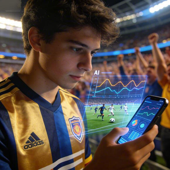 Football fan, smartphone technology, AI data graphs, live match footage, tech and passion blend, contemporary lifestyle, authentic aspirational