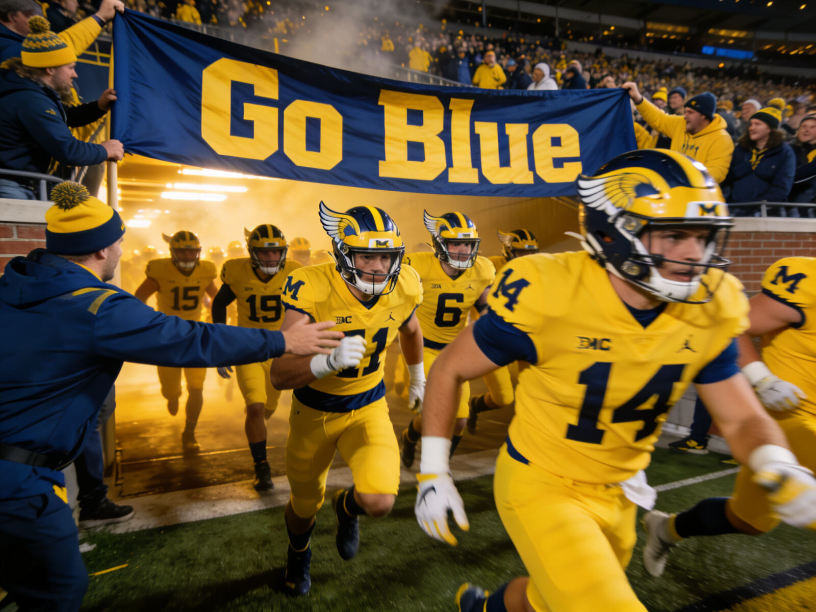 Michigan Wolverines players leaping to touch the iconic &ldquo;Go Blue&rdquo; banner as they enter Michigan Stadium (&ldquo;The Big House&rdquo;) before a game, a decades-old tradition.