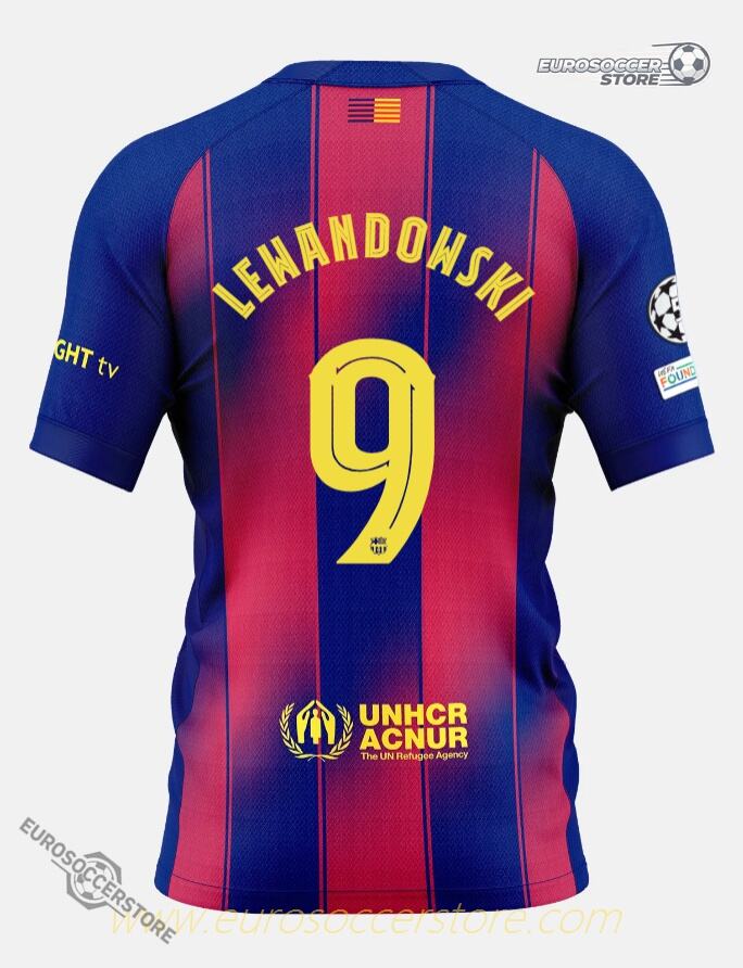 Barcelona's 25-26 Champions League Home Jersey featuring LEWANDOWSKI with the number 9.