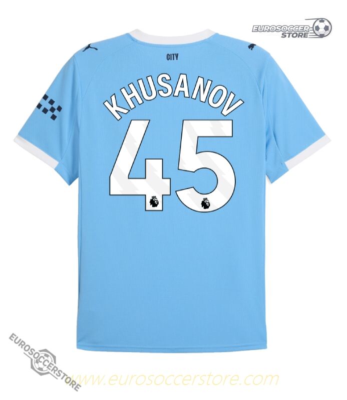 Manchester City 25-26 Season Home Jersey with Khusanov's Name and Number 45