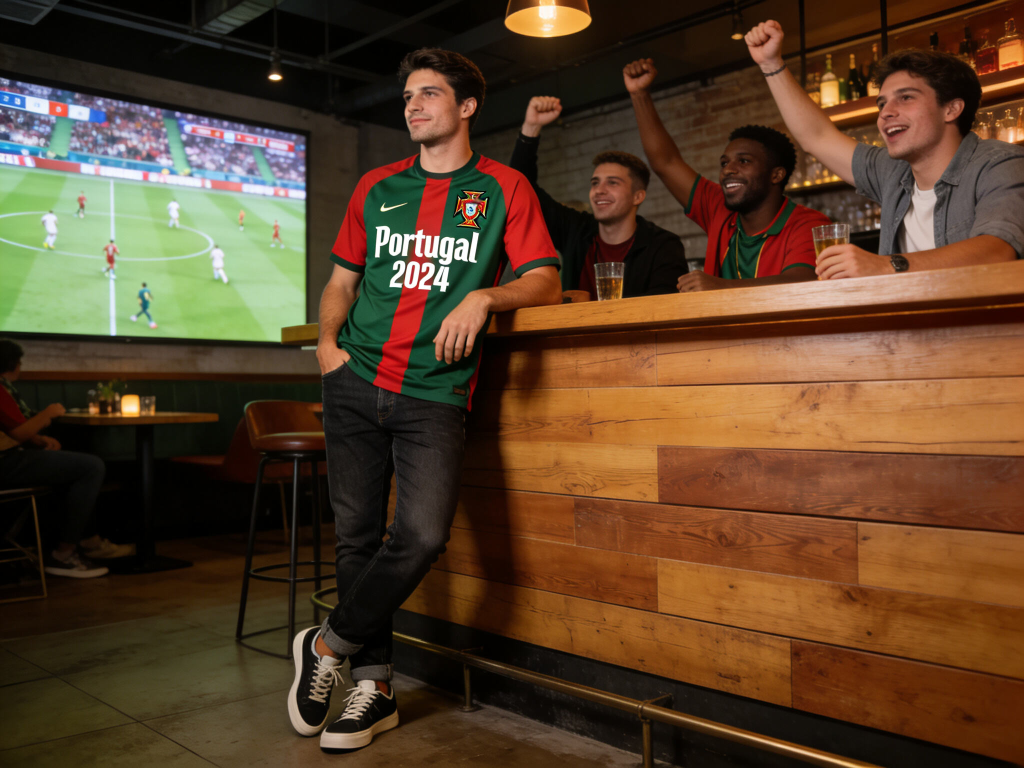 A stylish fan models how to wear the Portugal 2024 jersey as casual streetwear, paired with jeans at a social gathering or watch party.