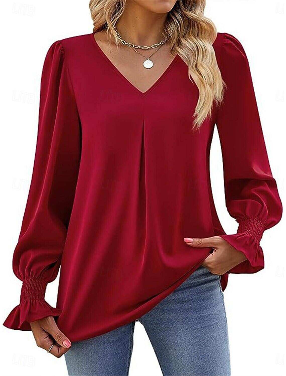 Women's Shirt Blouse Basic Casual Solid Color Regular Tops Long Sleeve V Neck Regular Fit Daily Fall Winter