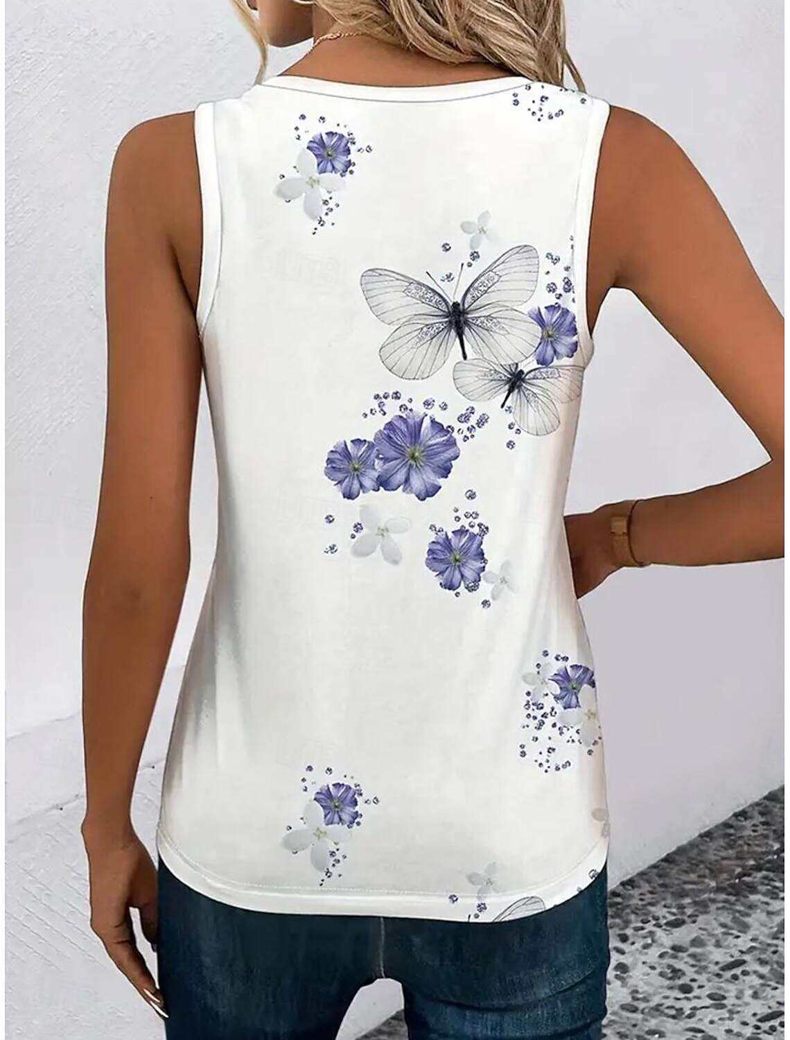 Women's Tank Top Casual Floral Butterfly Print Sleeveless Sleeveless Regular Tops Notched Neck Daily Summer