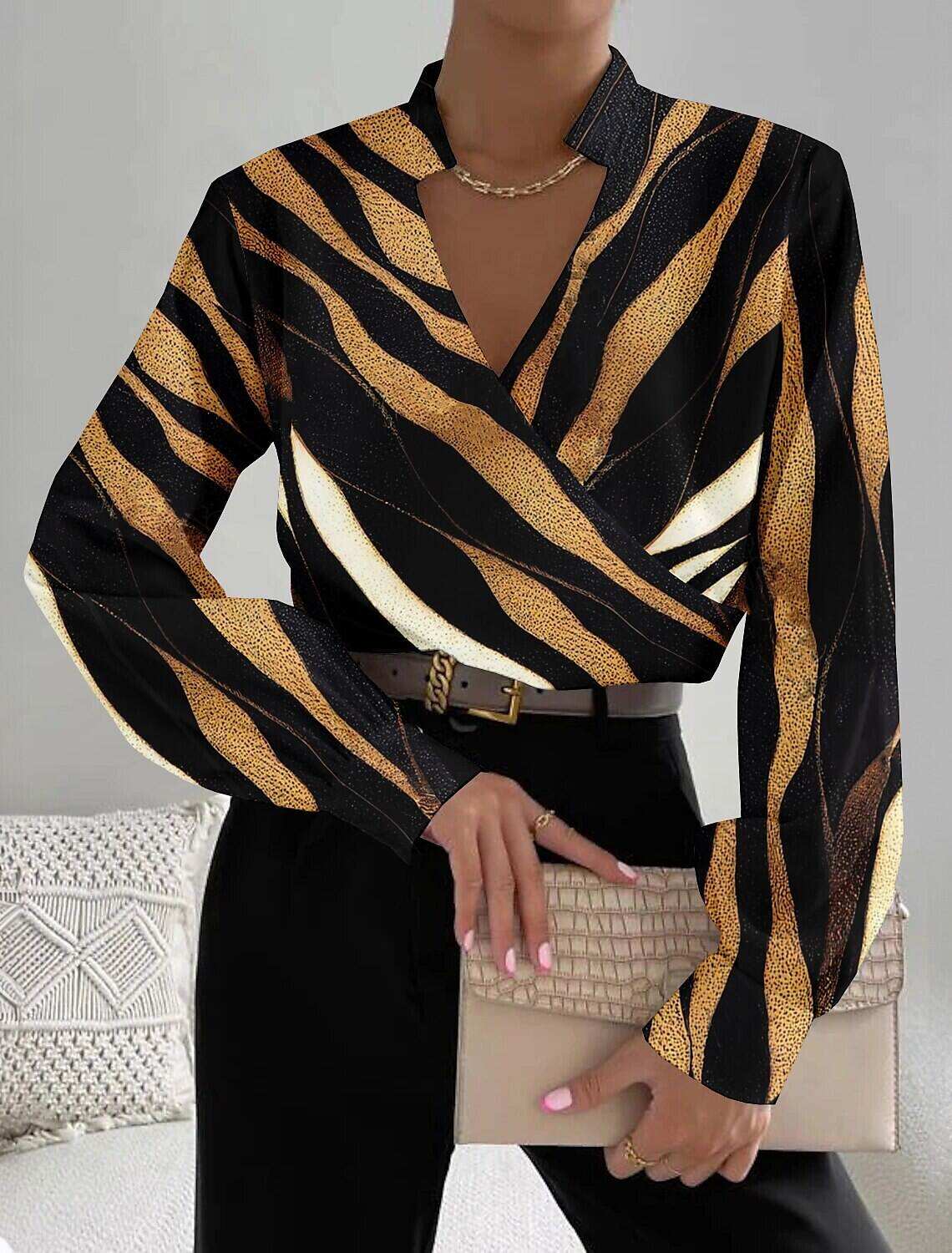 Women's Shirt Blouse Fashion Striped Print Long Sleeve Regular Tops V Neck Work Spring & Fall