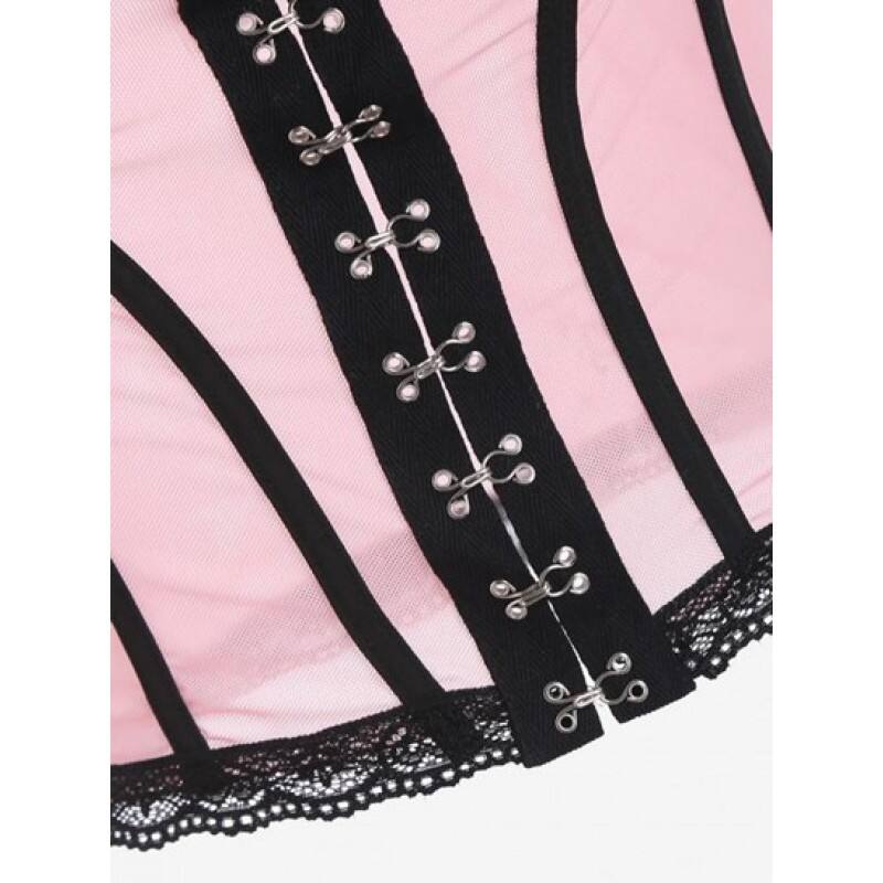 Corset-style Bustier Lace Trim Sheer Mesh Cami Top KZ7647