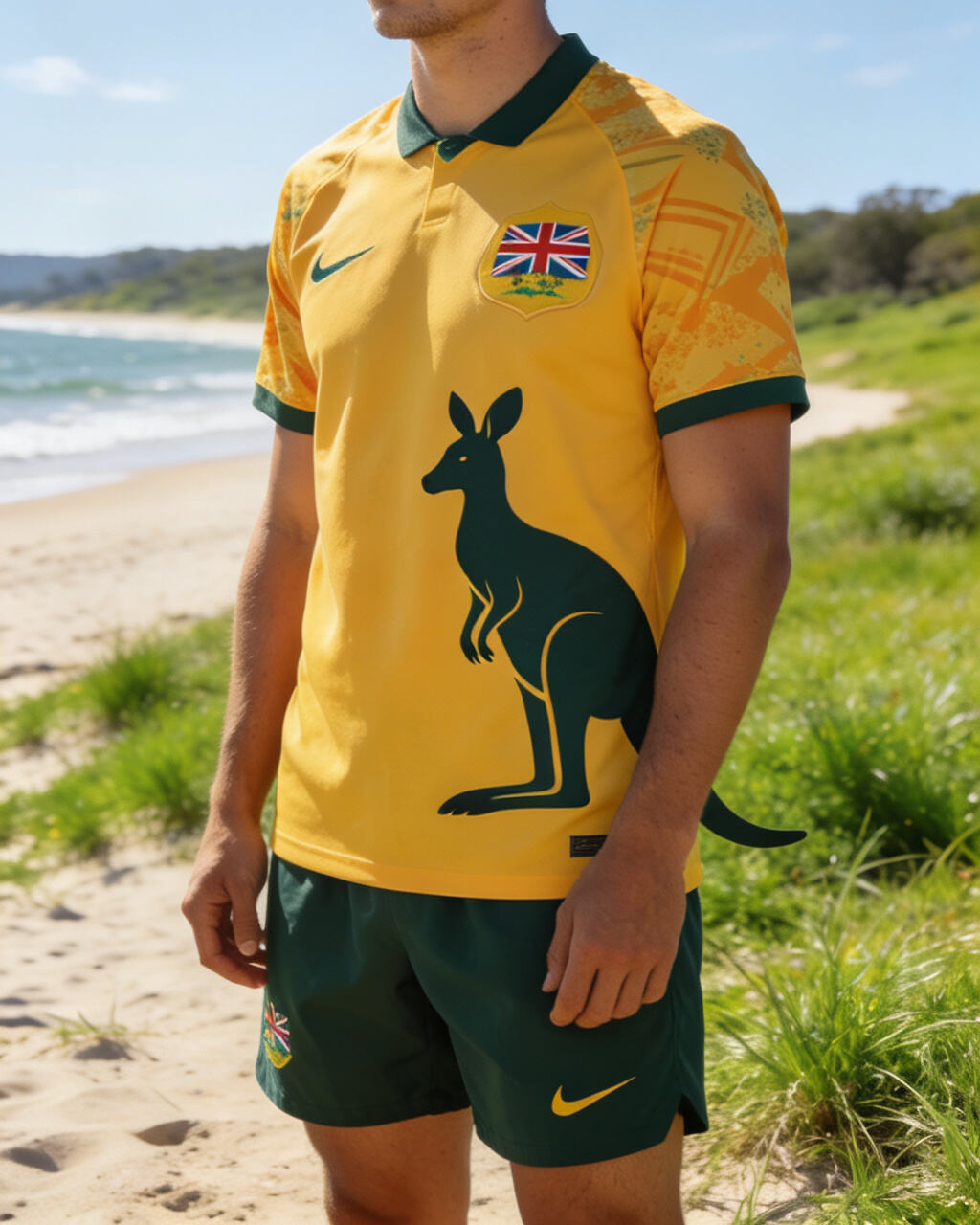 Australia football jersey, kangaroo logo, beach background, outdoor fashion, casual sportswear, yellow jersey, green accents, relaxed style