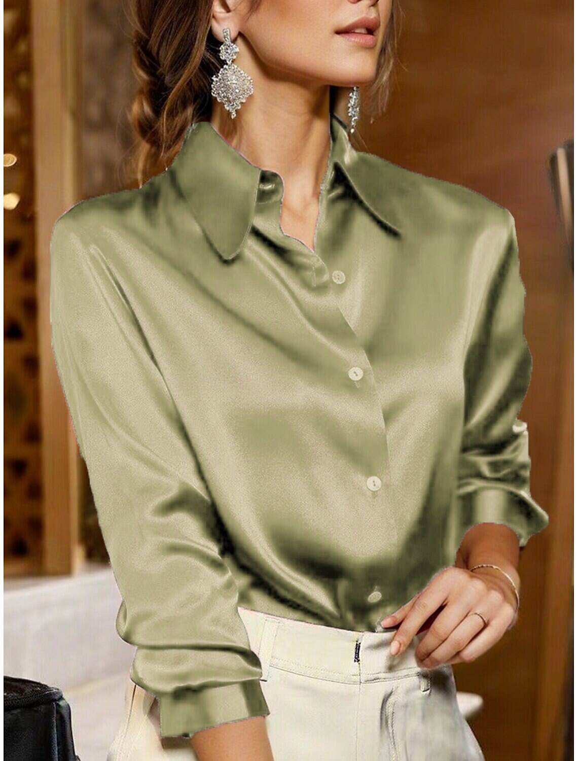 Women's Shirt Blouse Business Basic Mature Solid Color Plain Regular Tops Long Sleeve Shirt Collar Buttons Regular Fit Work Casual Daily Spring & Fall