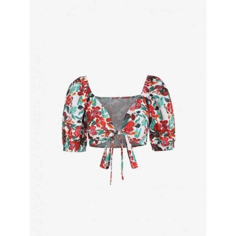Floral Puff Sleeve Tie Front Cropped Blouse PE0420