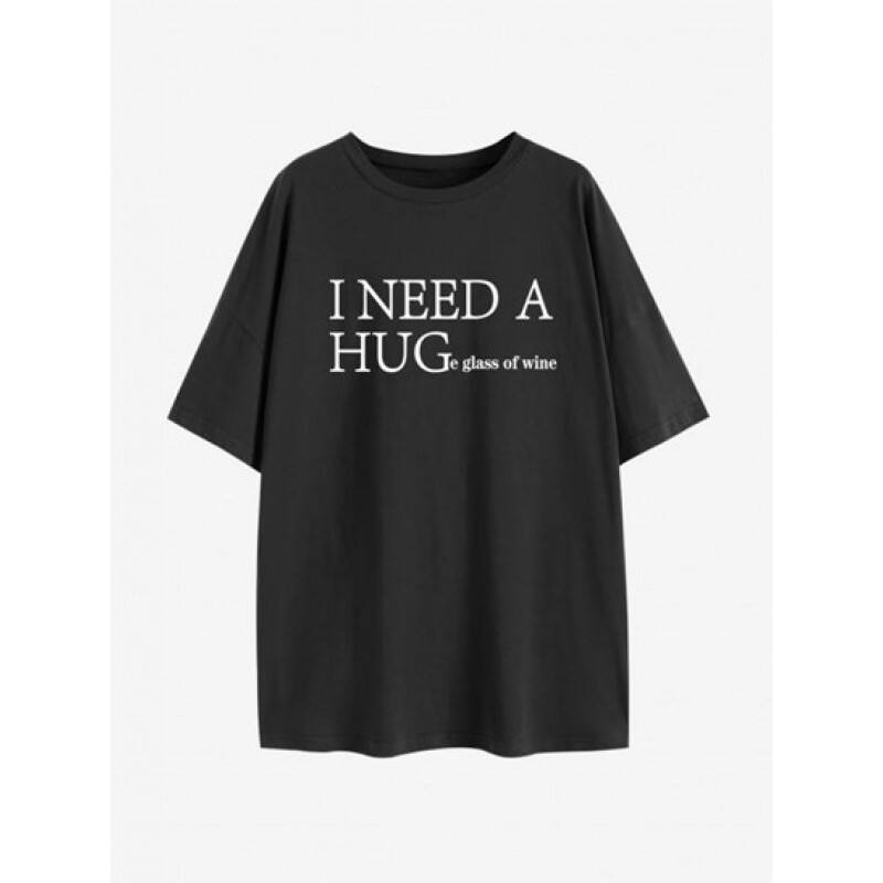 I Need A Huge Glass Of Wine Print Drop Shoulder T Shirt JG9415