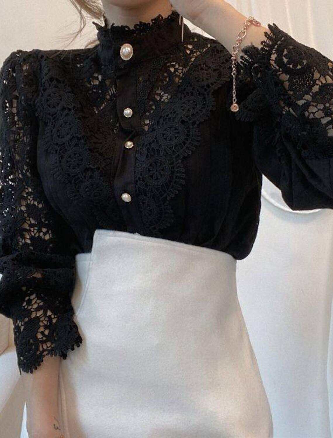 Women's Shirt Lace Shirt Going Out Tops Blouse Elegant Vintage Fashion Lace up Long Sleeve Regular Tops Party Club Spring Fall
