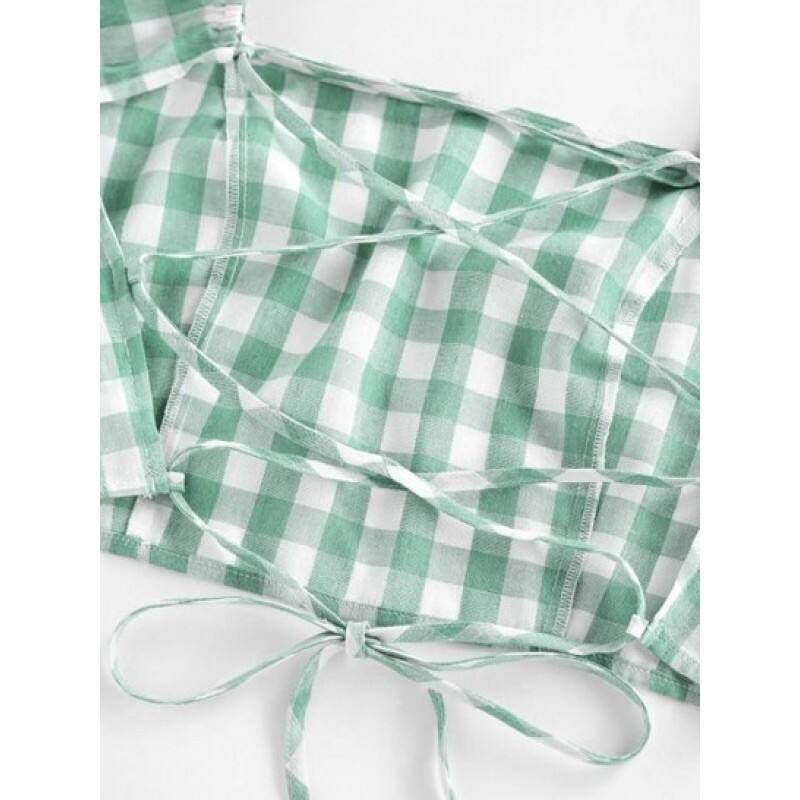 Gingham Puff Sleeve Backless Lace Up Blouse QI9371