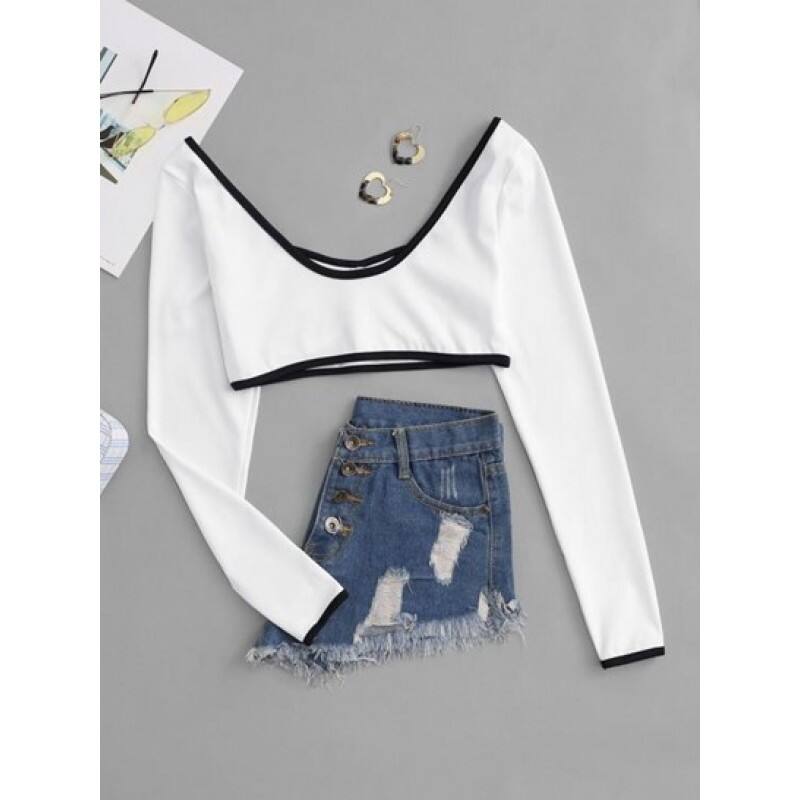 Contrast Piping Corset Style Crop Tee BW5211