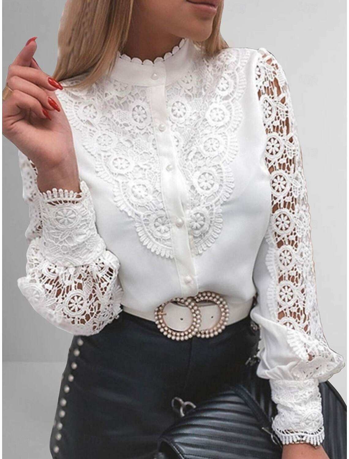 Women's Shirt Blouse Eyelet top White Eyelet Tops Picture color 2 Plain Lace Cut Out Long Sleeve Casual Daily Elegant Round Neck Regular S