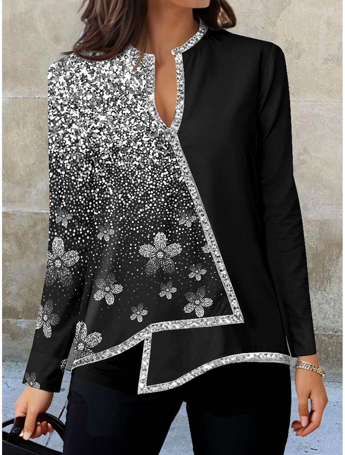Women's Shirt Blouse Fashion Floral Print Asymmetric Hem Long Sleeve Regular Tops V Neck Casual Holiday Fall & Winter
