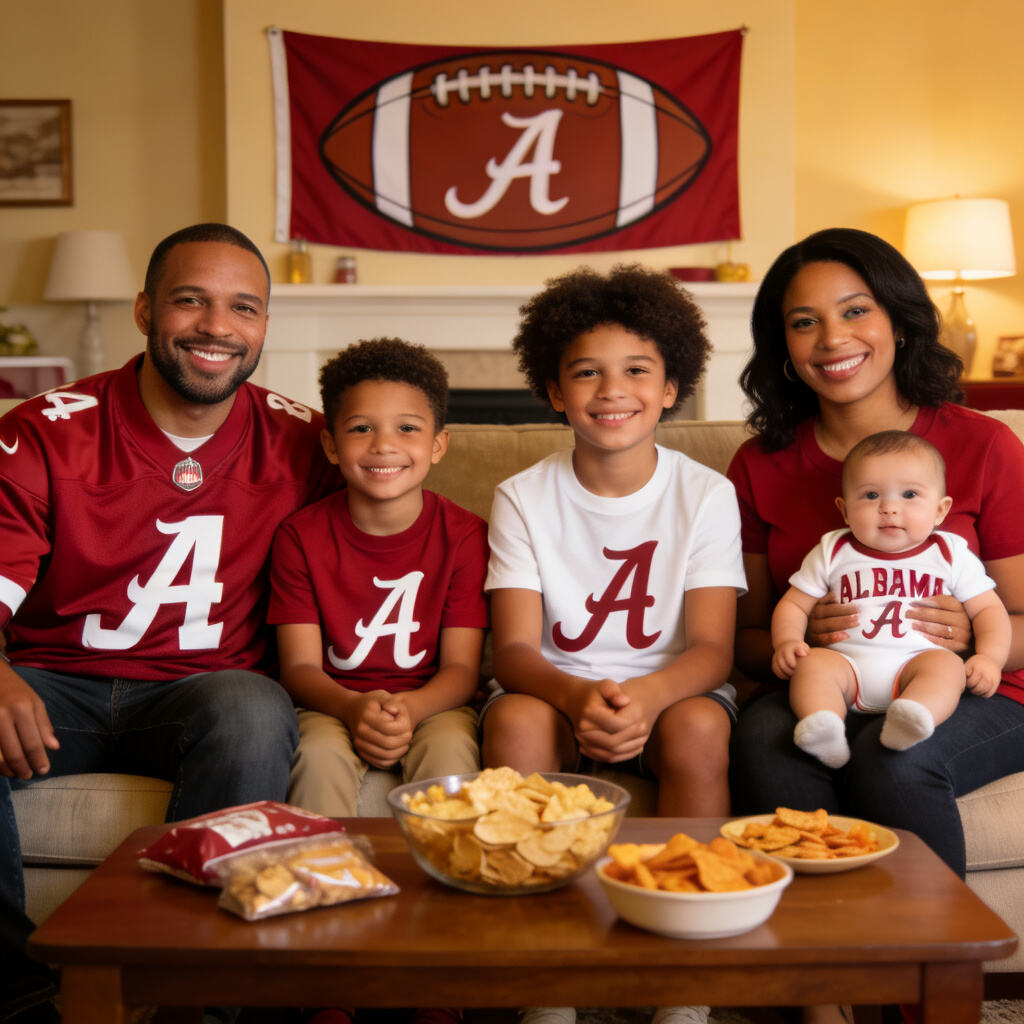 Happy multicultural family wearing matching NCAA team jerseys and gear, laughing together in living room before game day.