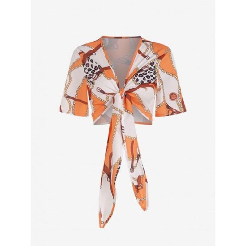 Chain Leopard Print Tie Front Crop Blouse VK7956