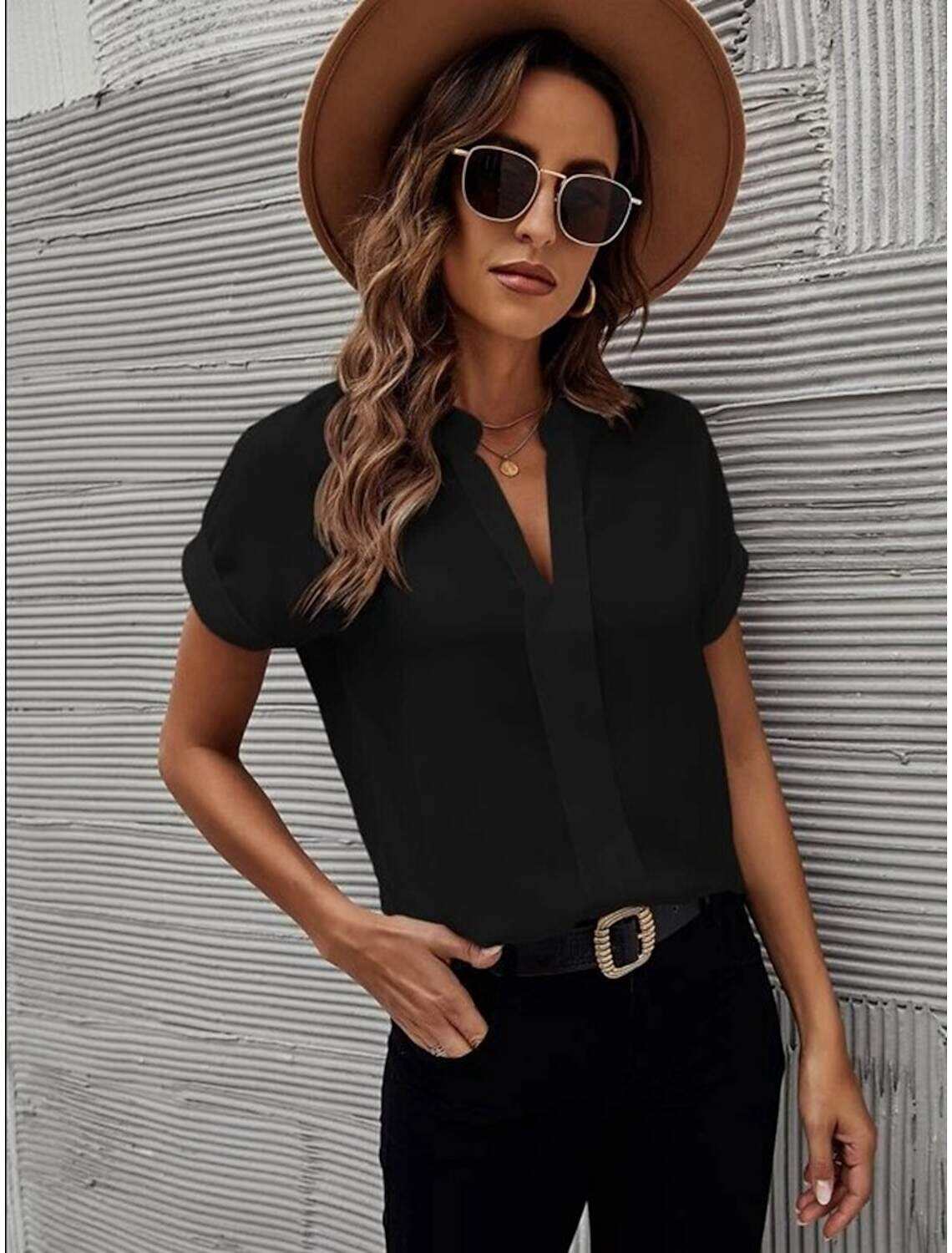 Women's Plus Size Shirt Blouse Elegant Fashion Basic Plain Regular Tops Short Sleeve V Neck Regular Fit Casual