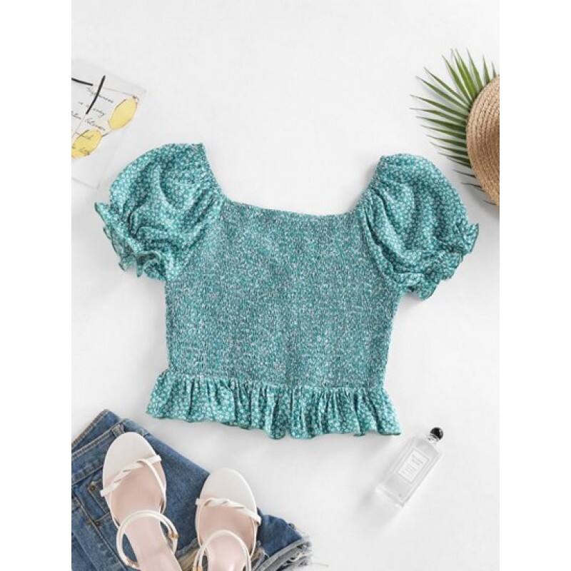 Ditsy Print Smocked Puff Sleeve Peplum Blouse XW4836
