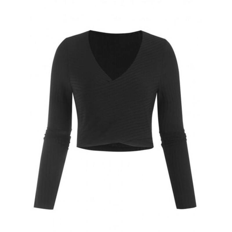 Ribbed Knit Surplice Slim Crop Tee VI4705