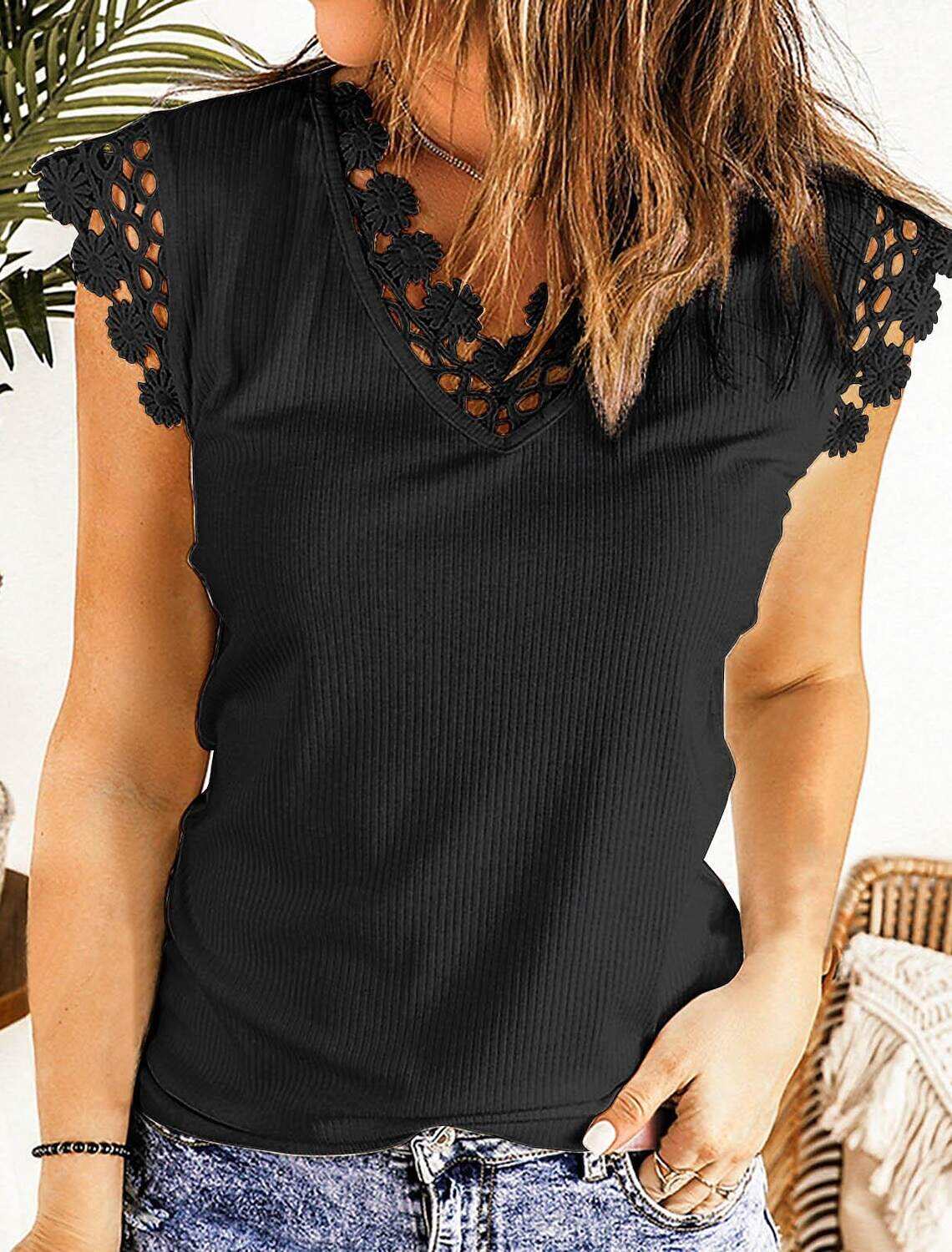 Shirt Blouse Women's Plain Lace Street Daily Fashion V Neck Regular Fit S