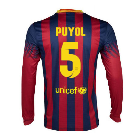 13-14 Barcelona 5 Puyol Home Long Sleeve Soccer Jersey Shirt -