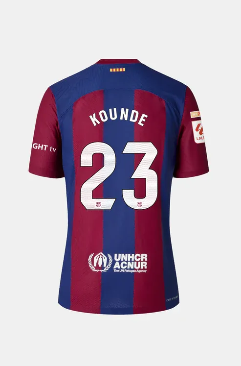 Barcelona's KOUNDE 23 Home Jersey for the 23-24 season.