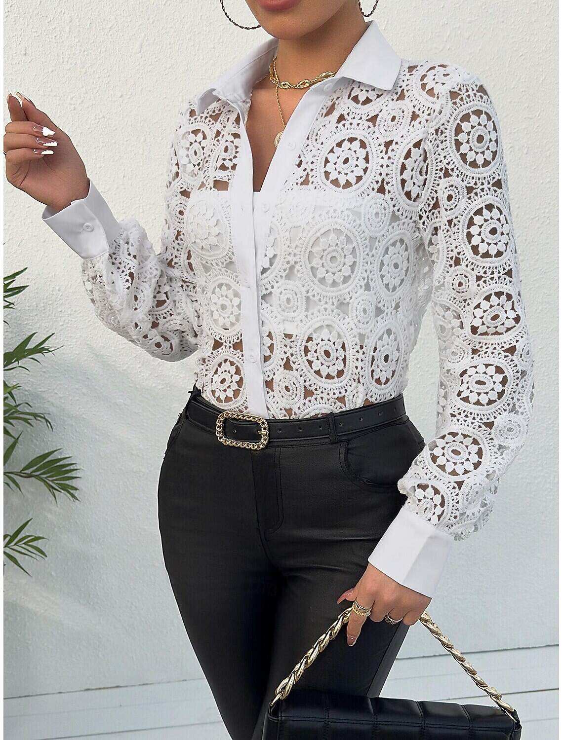 Shirt Lace Shirt Blouse Eyelet top Women's Plain Lace Button Street Daily Fashion Shirt Collar Regular Fit S