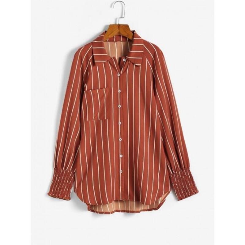 Stripes Shirred Sleeve Tie Button Down Shirt QN4206