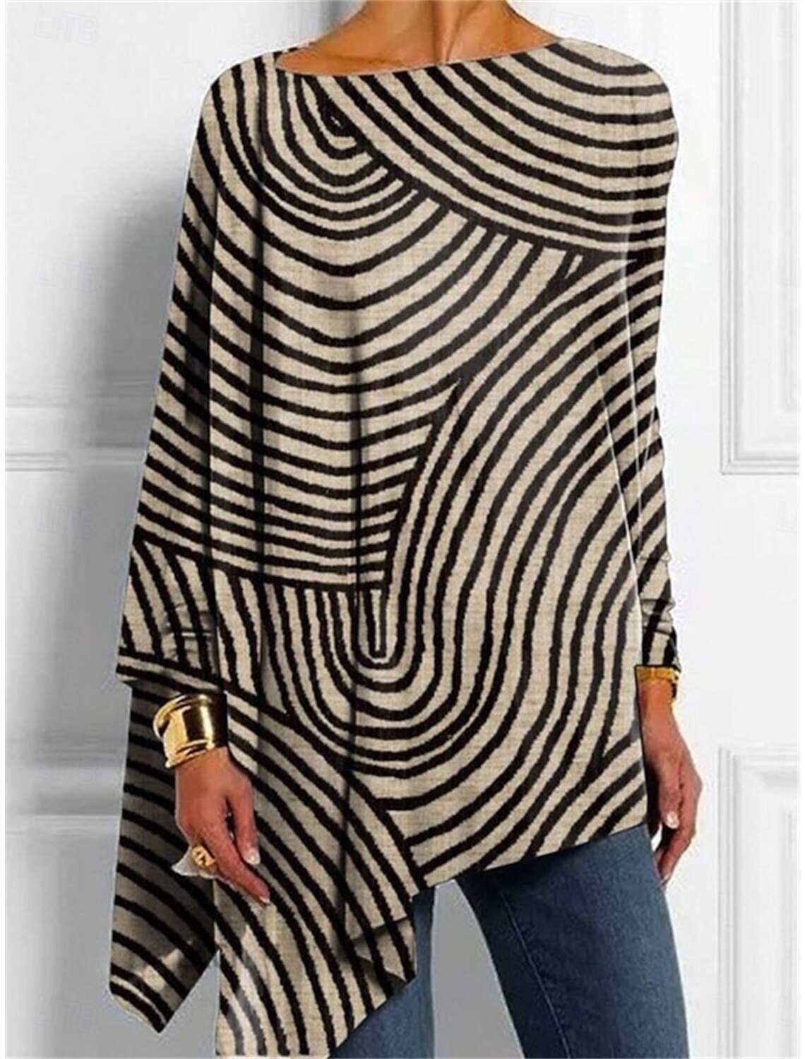 Women's Shirt Blouse Casual Cat Long Tops Long Sleeve Crew Neck Print Asymmetric Hem Regular Fit Daily Fall Winter