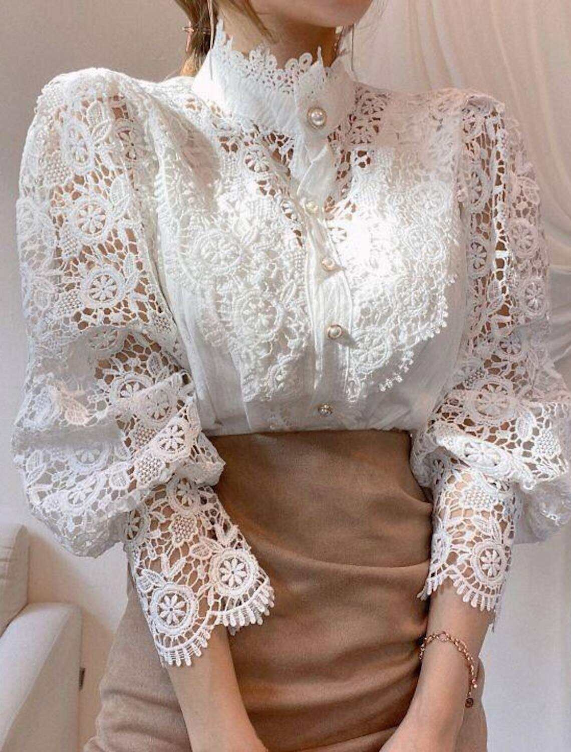 Women's Shirt Lace Shirt Going Out Tops Blouse Elegant Vintage Fashion Lace up Long Sleeve Regular Tops Party Club Spring Fall