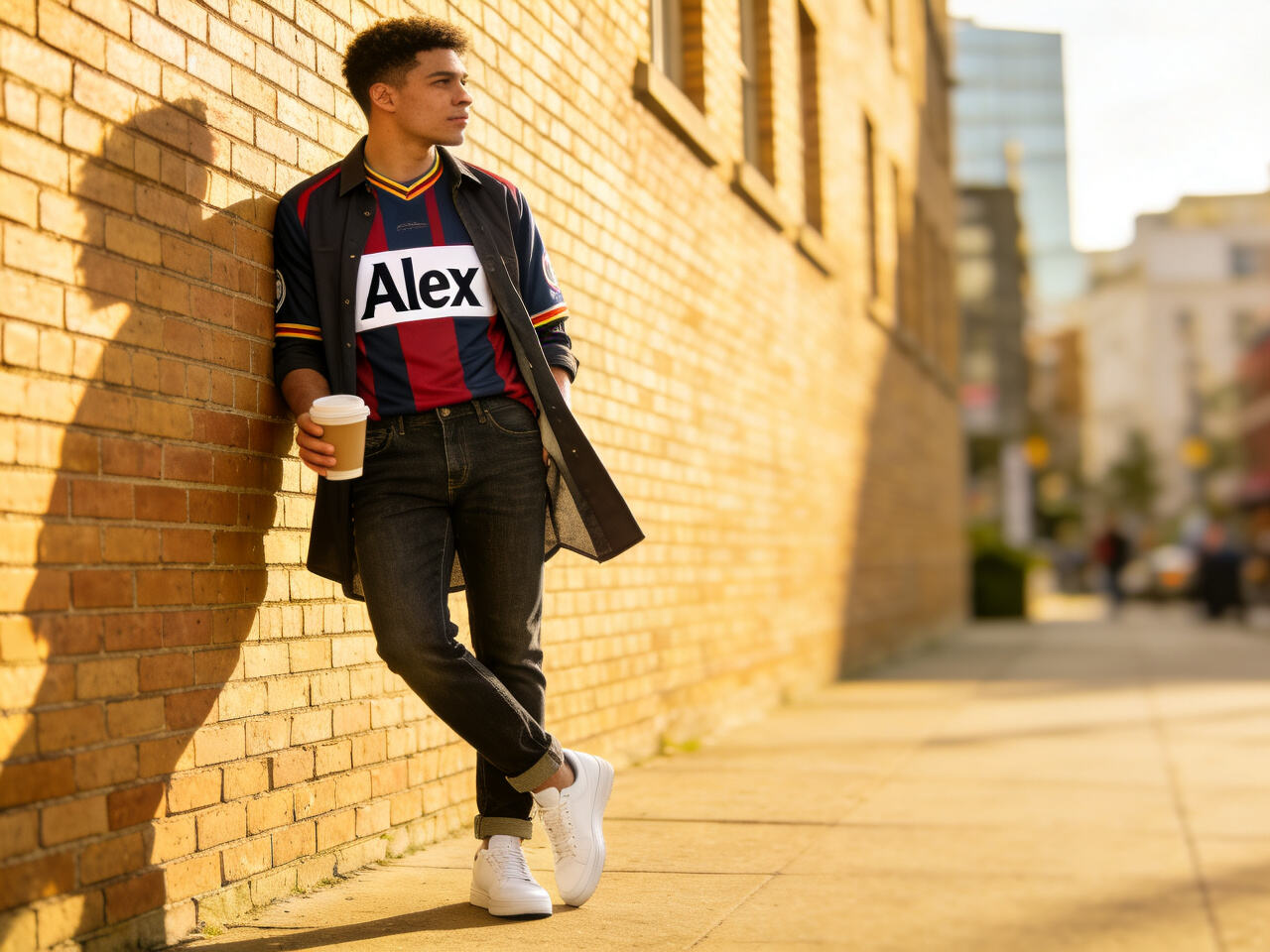 A person leaning against a brick wall, wearing a customized jersey with jeans, an open overshirt, and white sneakers, holding a coffee.