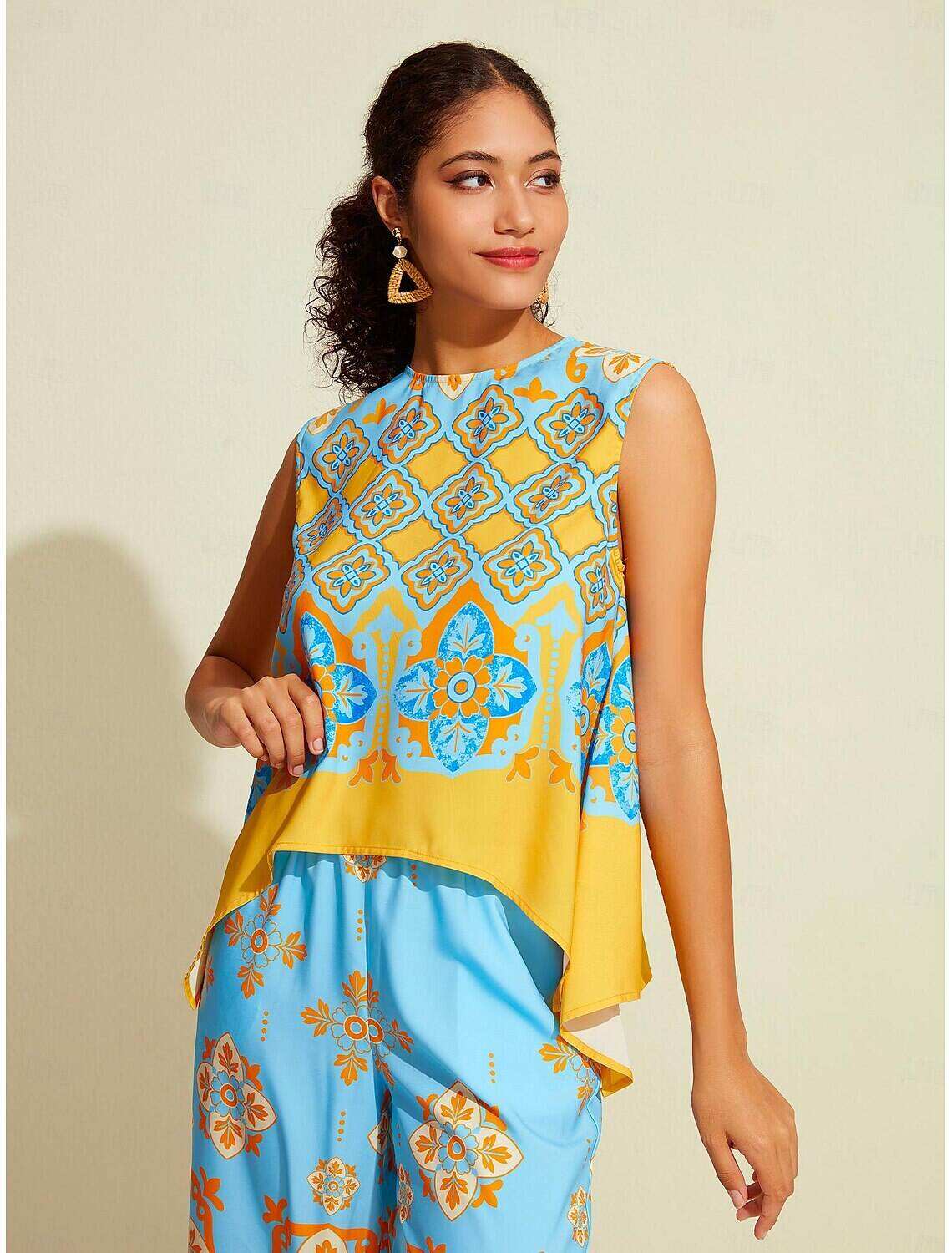 Satin Boho Double Slit Crew Neck Sleeveless Tank Top