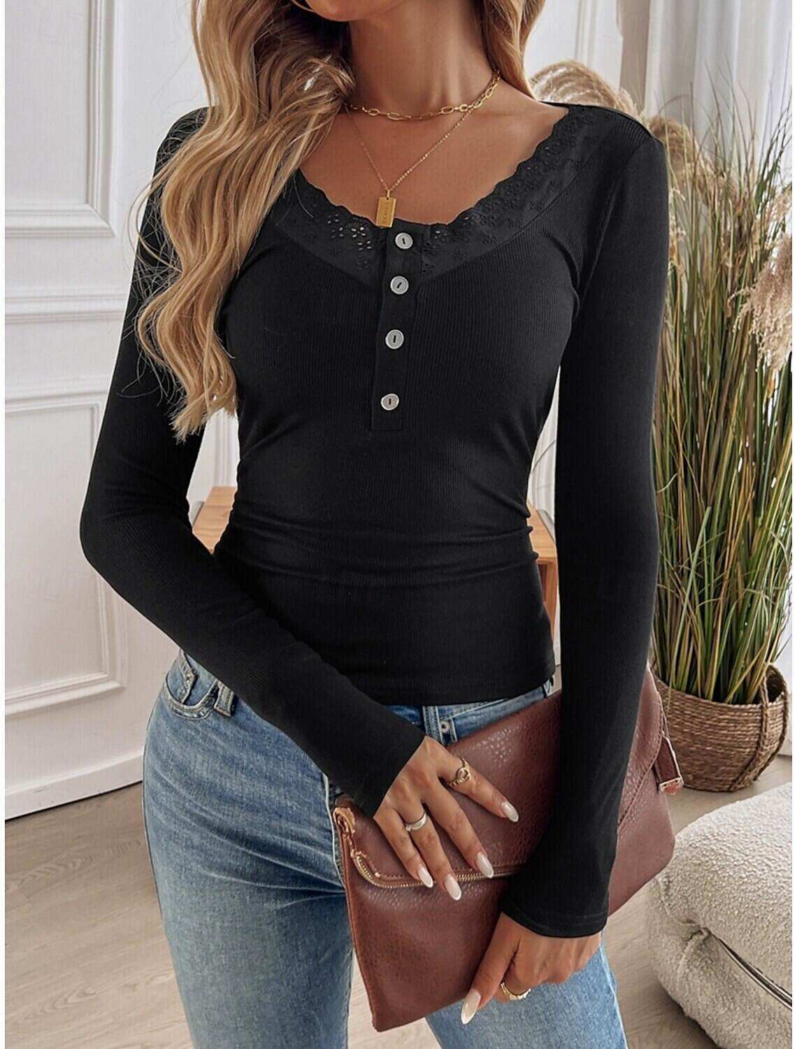 Women's Elegant Lace Tops Eyelet Blouse Elegant Daily Solid Color Regular Tops Long Sleeve Scoop Neck Regular Fit Daily Romantic Petite Tops Summer Holiday Wear