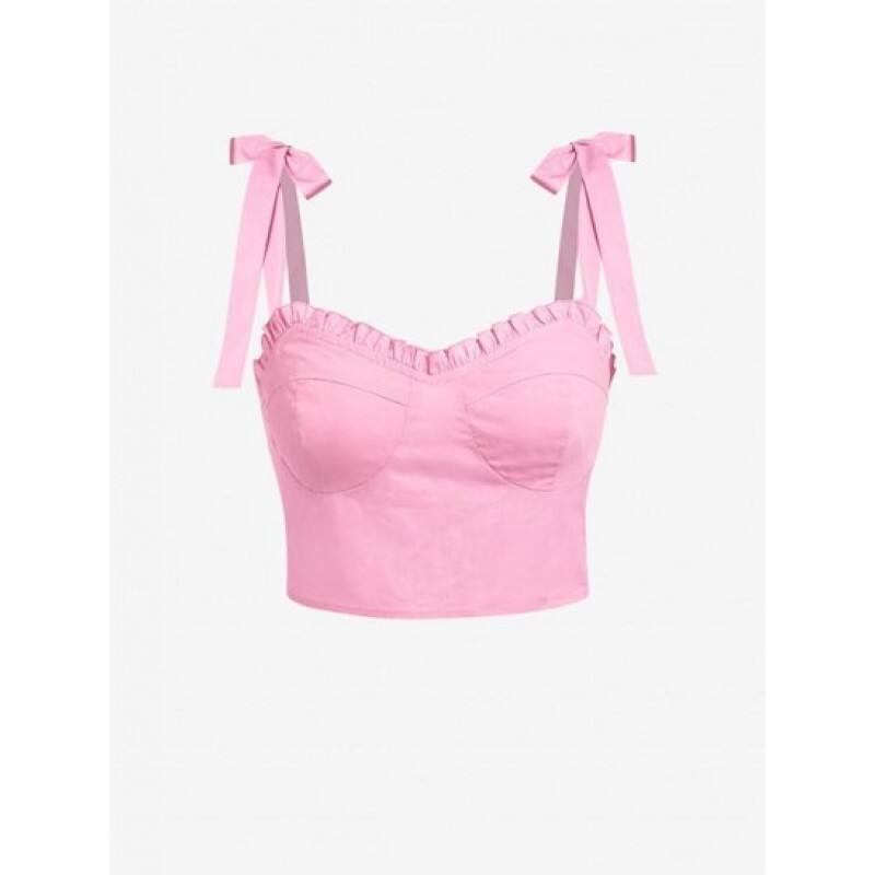 Ruffle Tie Shoulder Cupped Crop Tank Top EZ4088