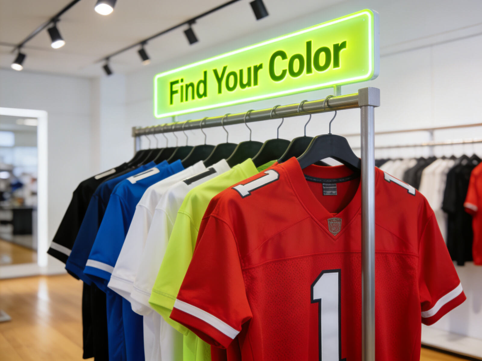 Collection of authentic-style Premier League jerseys in various colors hanging on a rack, inviting fans to find and personalize their perfect kit at ProKitsEU
