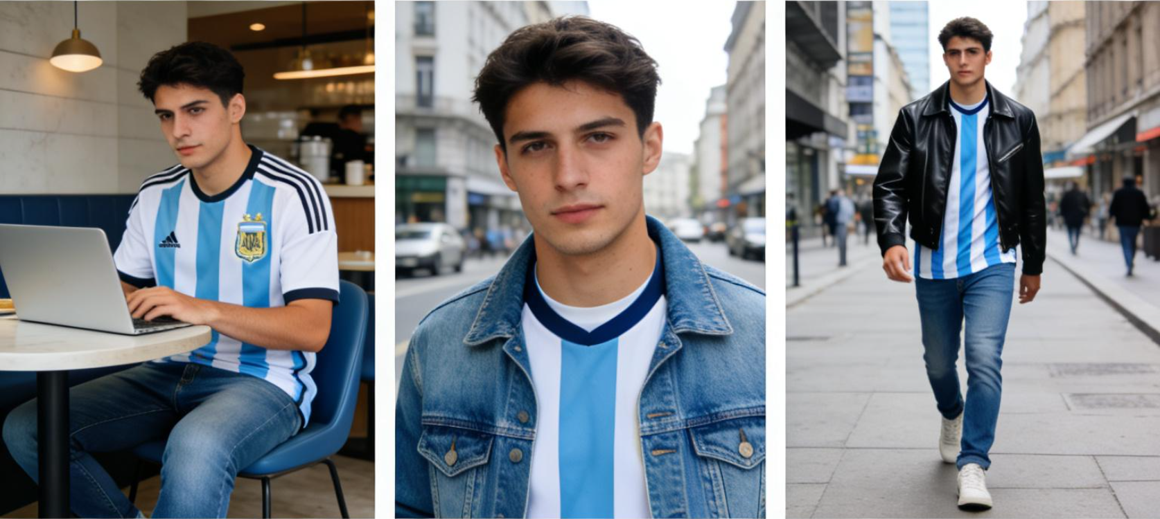 A style collage showing a model wearing a stylish, minimalist football jersey in three different casual settings (e.g., at a caf&eacute;, with jeans, under a jacket). Emphasize that the kit is versatile streetwear.