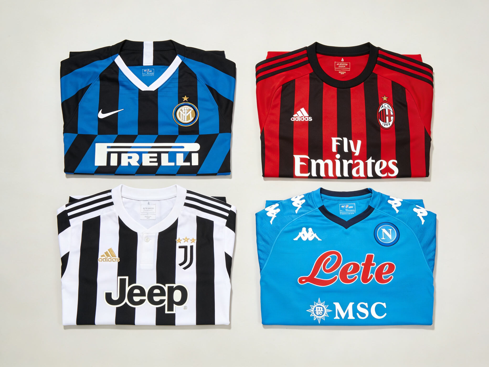 Gallery of popular Serie A jerseys including Inter Milan black and blue, AC Milan red and black, Juventus stripes, and Napoli sky blue kits.