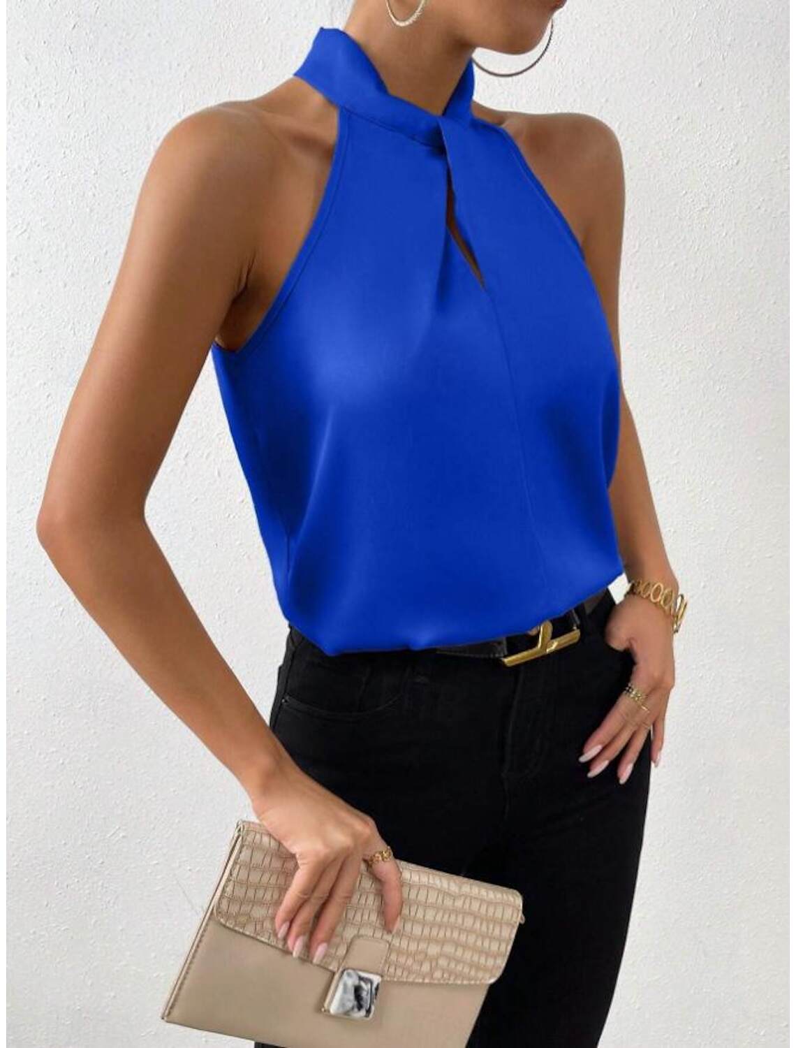 Tank Women's Plain Cold Shoulder Street Daily Fashion Halter Neck Regular Fit S