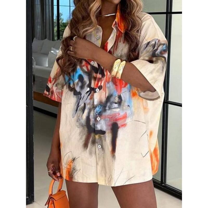 Graphic Print Button Up Casual Oversized Shirt CU4251