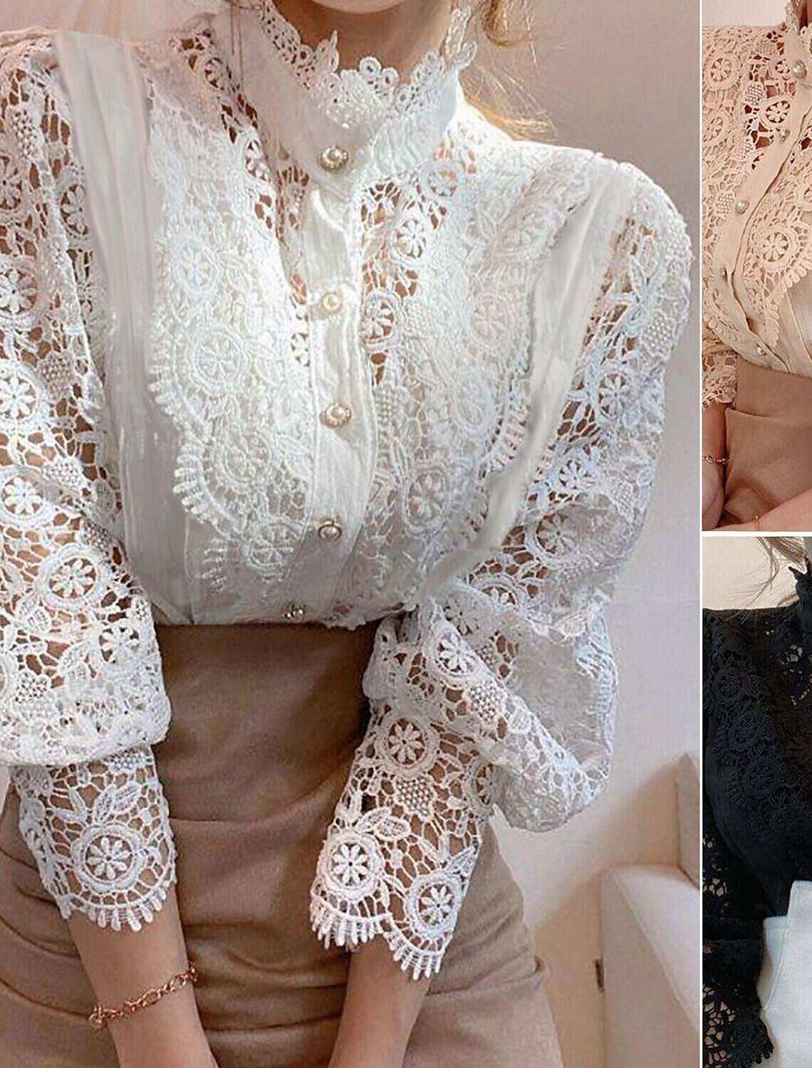 Women's Lace Shirt Blouse Eyelet top  Lace Shirt Elegant Fashion Elegant & Luxurious Solid Colored Shirt Collar Hole Regular Fit Daily Spring Fall Winter Fall & Winter