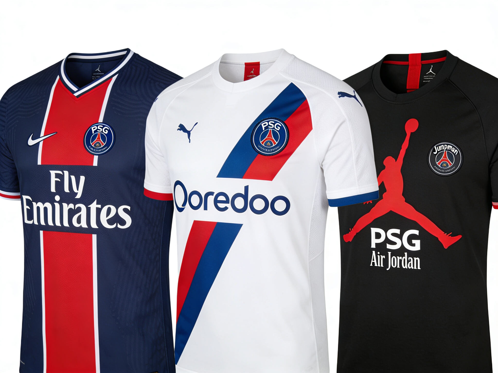 A gallery of PSG kits: the current home, away, and a classic Jordan collaboration jersey. Include a &ldquo;Customize Now&rdquo; button overlay.