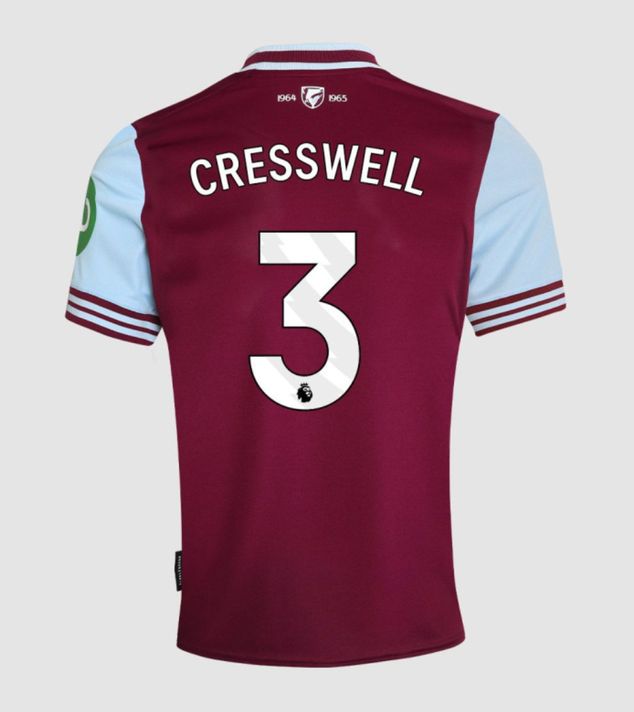 West Ham United's 24-25 Season Home Jersey, Featuring CRESSWELL with the Number 3