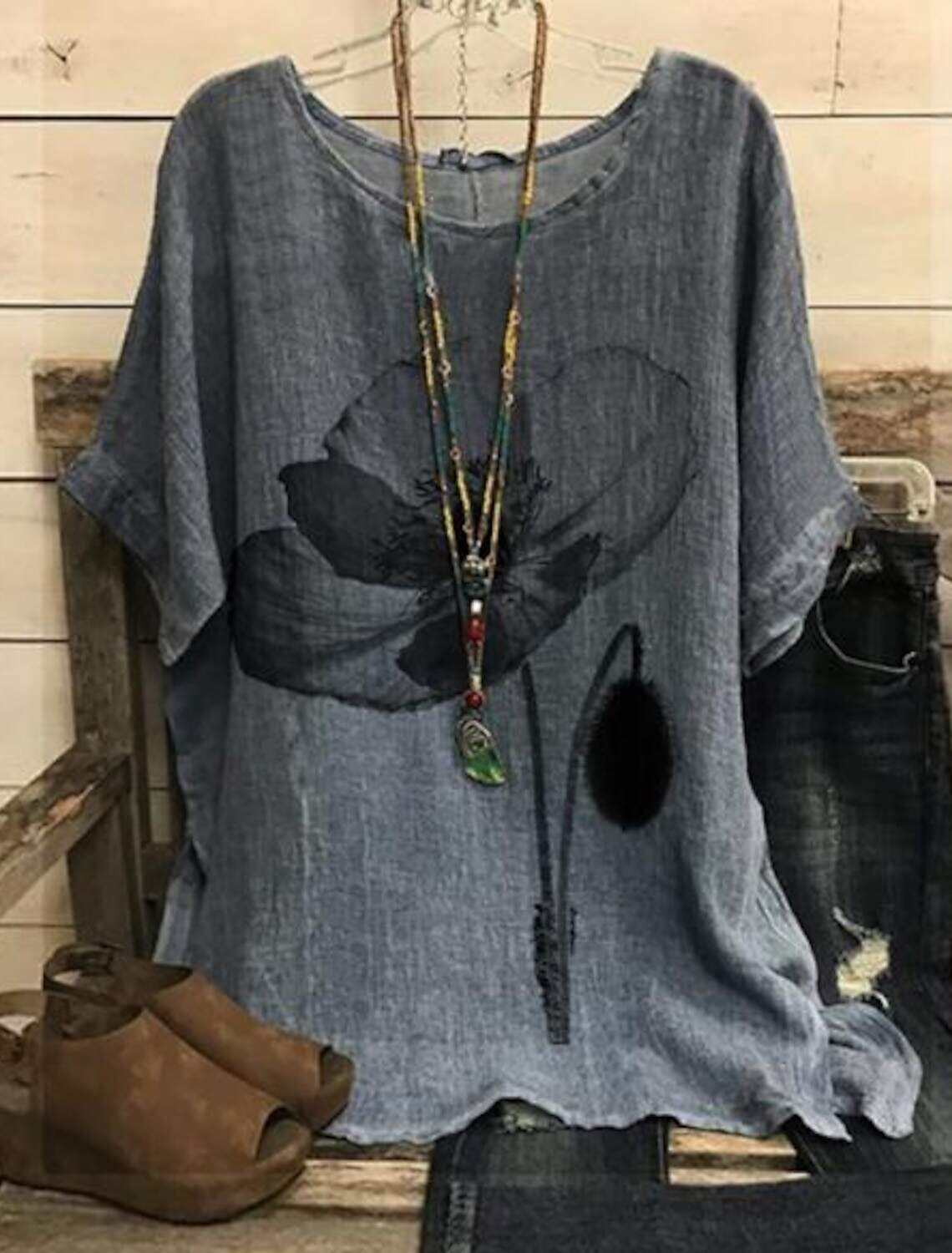 Women's Plus Size Shirt Blouse Vintage Basic Casual Heart Floral Short Sleeve Dolman Sleeve Crew Neck Print Regular Fit Vacation Daily Summer Spring