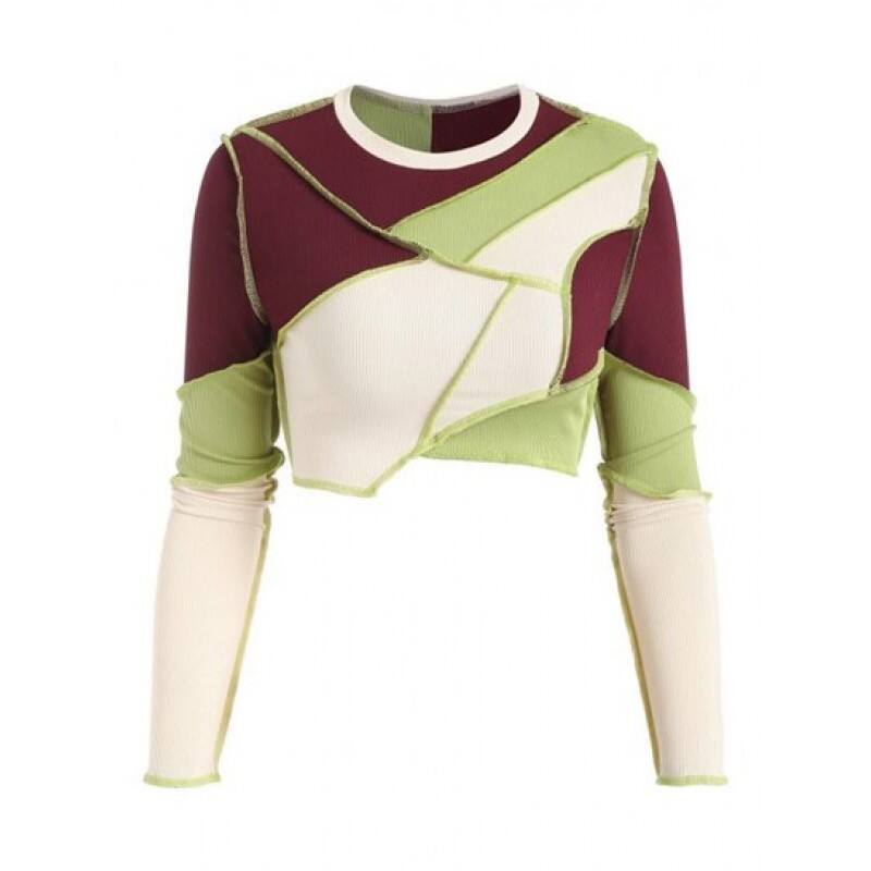Cropped Ribbed Topstitching Patchwork Long Sleeve Top FK3075