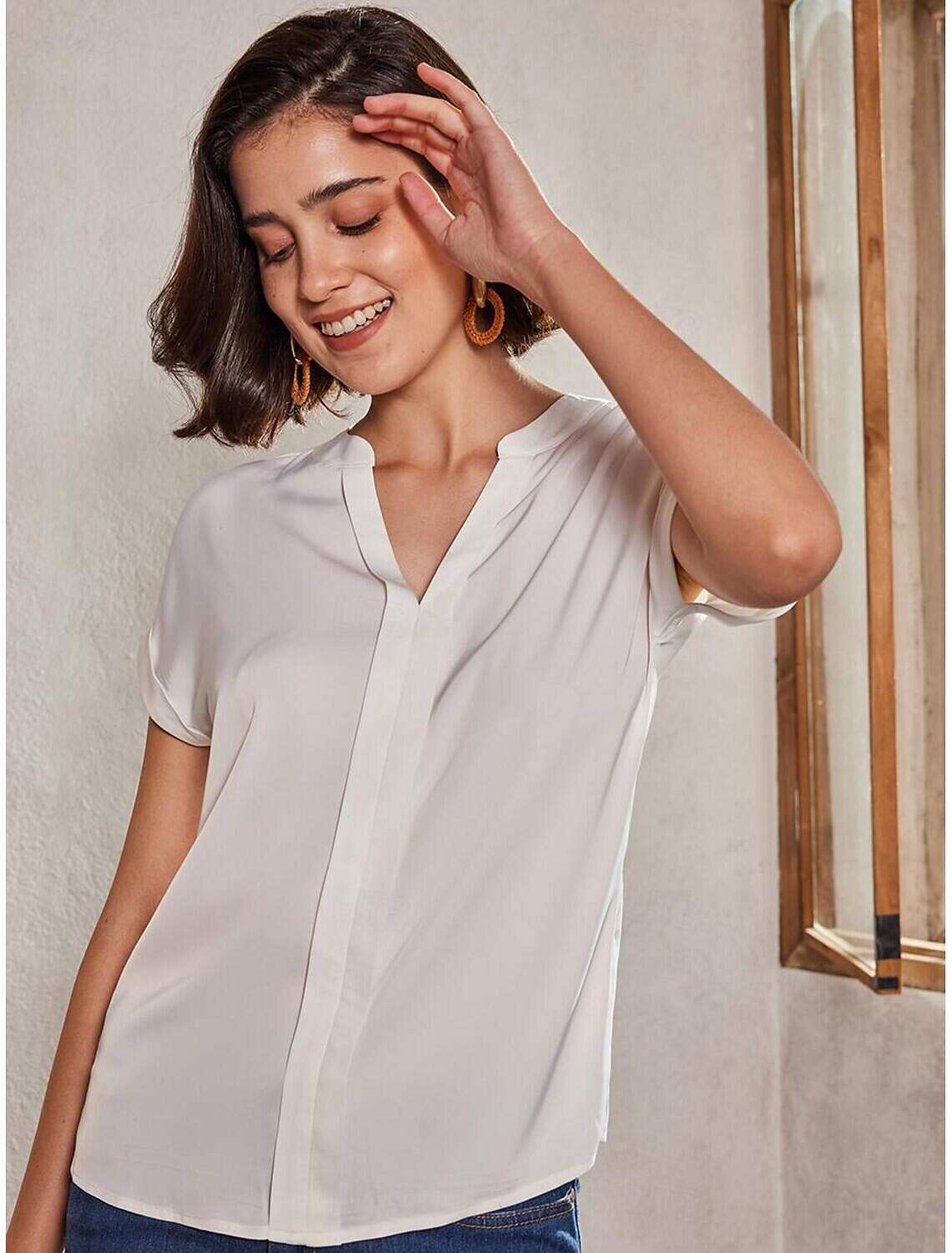 Women's Plus Size Shirt Blouse Elegant Fashion Basic Plain Regular Tops Short Sleeve V Neck Regular Fit Casual