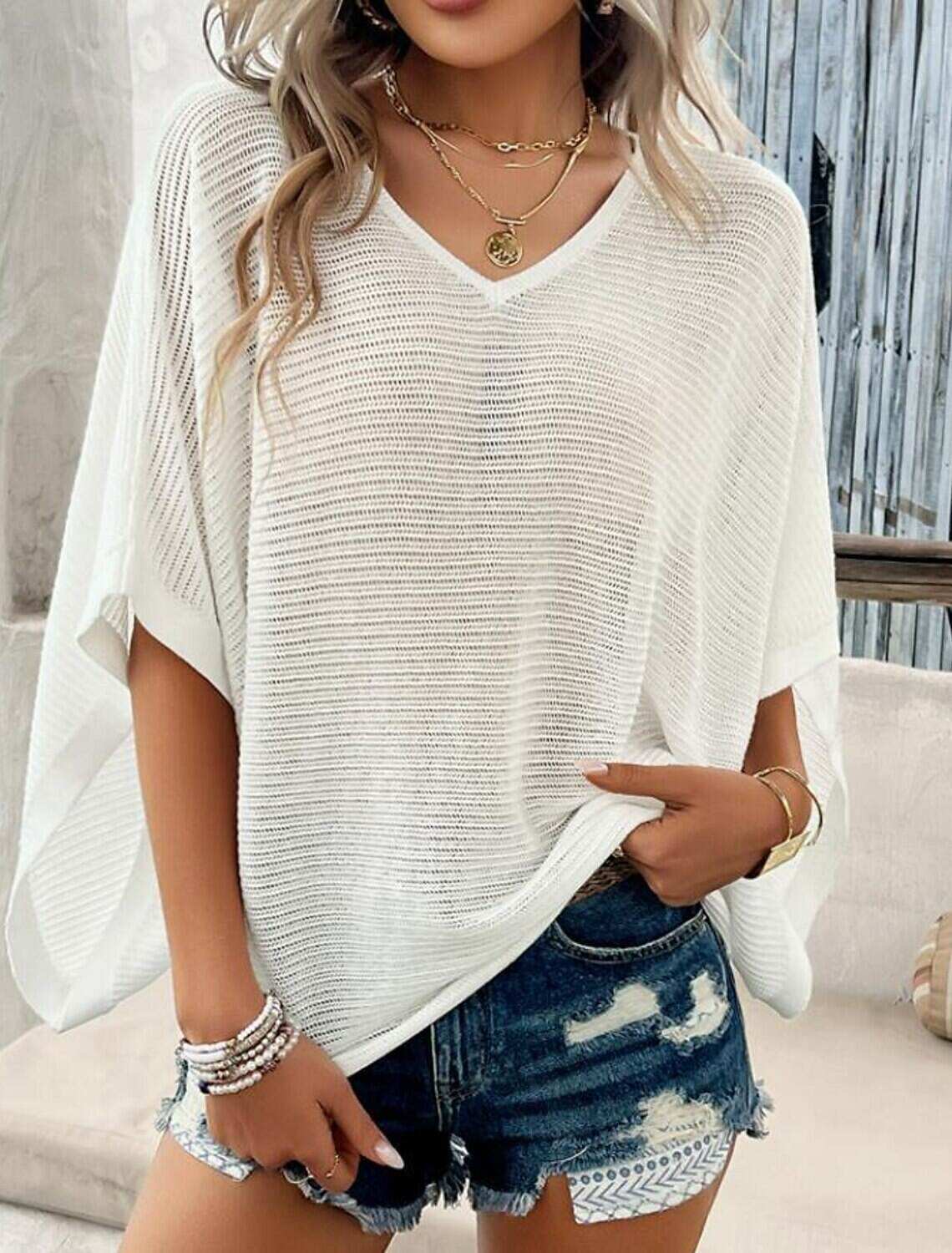 Women's Knitted Top V-neck Short Sleeve Elastic Soft Burnt Casual Loose Fit Versatile Spring Fall Clothing Apparel