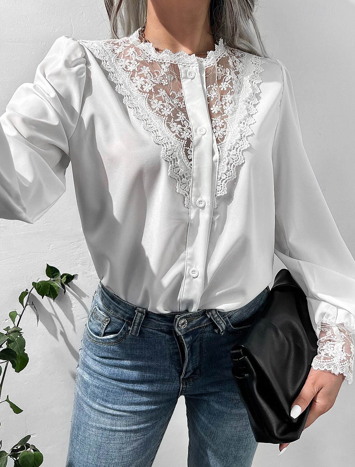 Women's Blouse Stylish Modern Lace Long Sleeve Regular Tops Crew Neck Work Daily Spring Fall