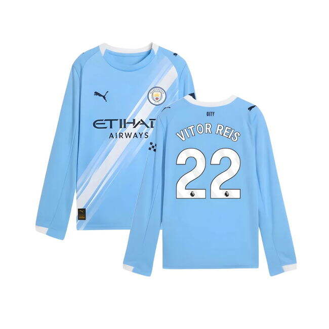 2025-2026 Man City Long Sleeve Home Shirt (Kids) (Vitor Reis 22) (M...